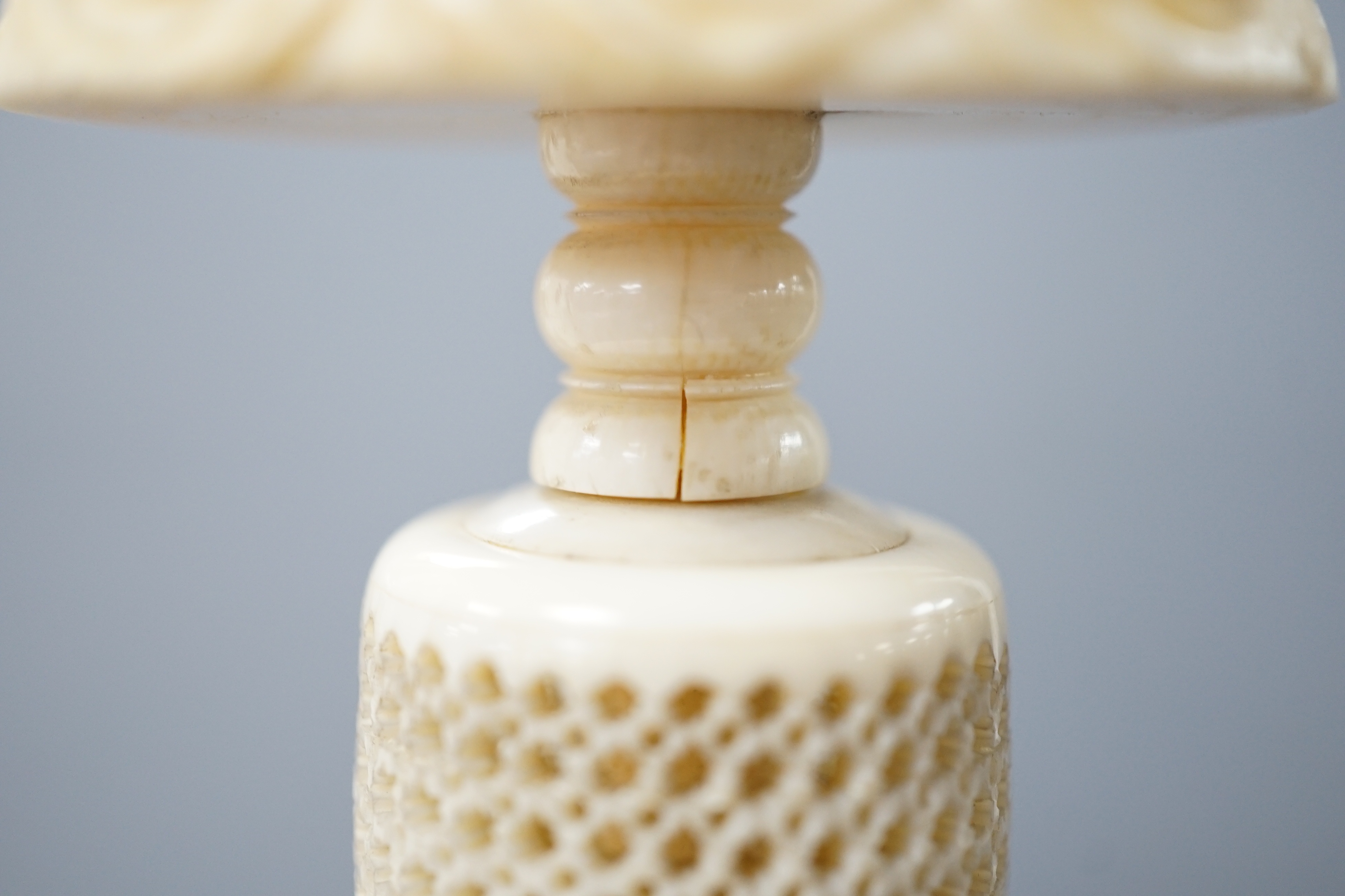 A boxed 19th century Chinese ivory concentric puzzle ball 41cm